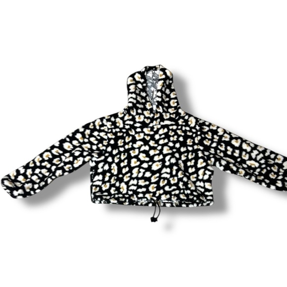 Wild Fable Black With Tan/White Animal Print Cropped Fleece Hooded Sweatshirt - Picture 15 of 16
